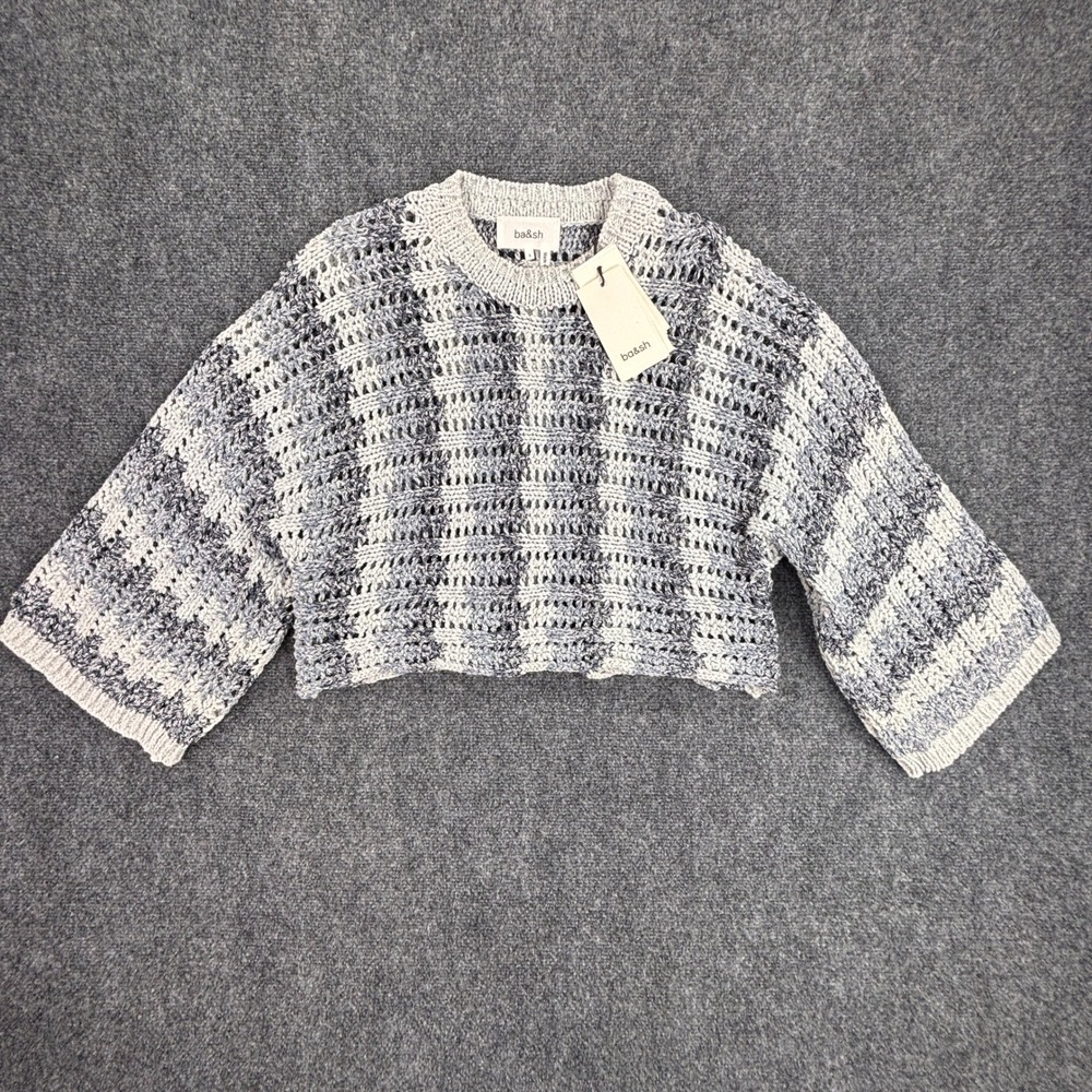 Ba&sh Strecy Jumper Blue Open Knit Cropped Crochet Sweater 1E25STRE Size 1 S